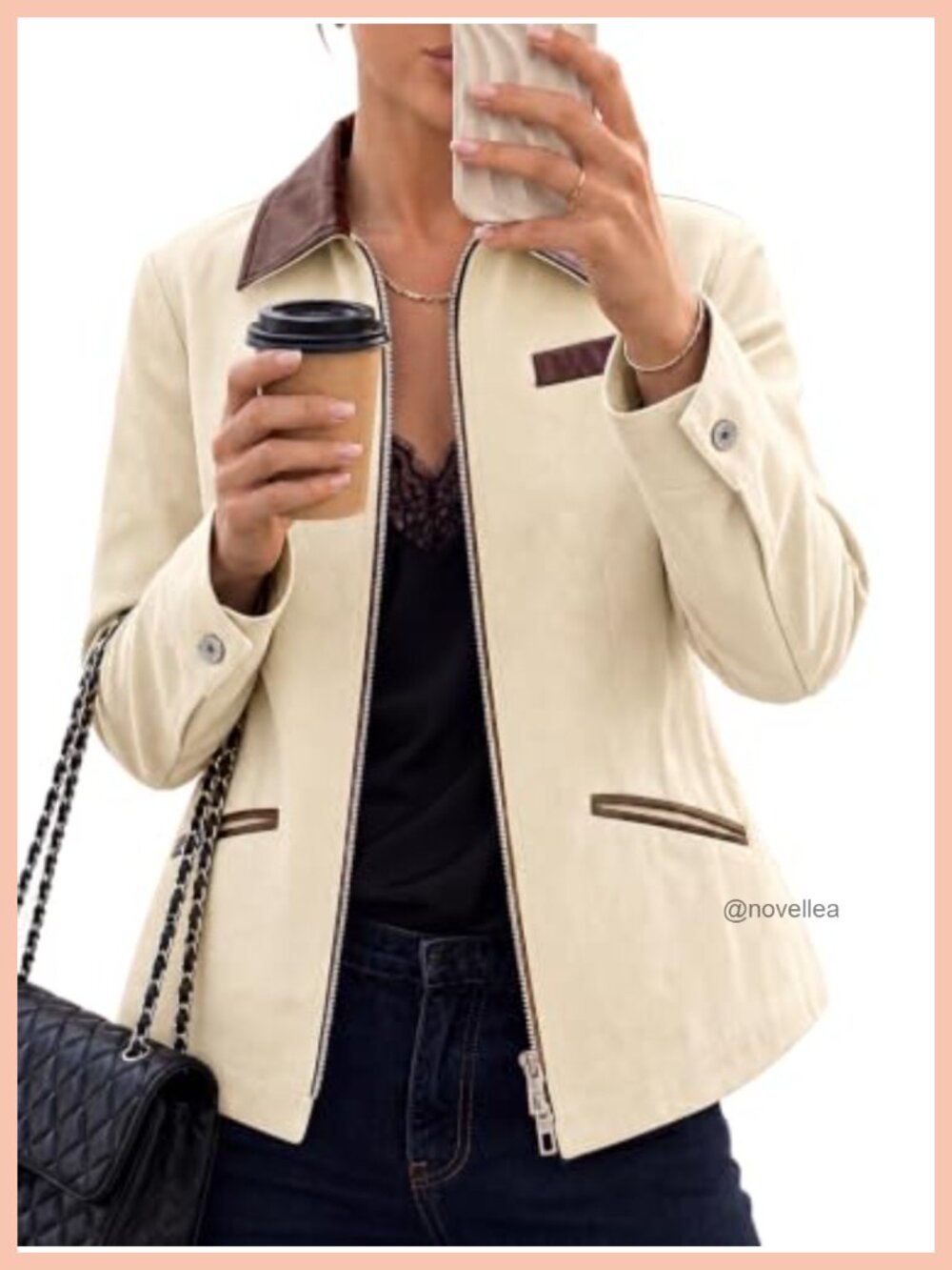 Cropped Barn Jacket Faux Leather Collar Zip Up Slim Fit Women's Coat